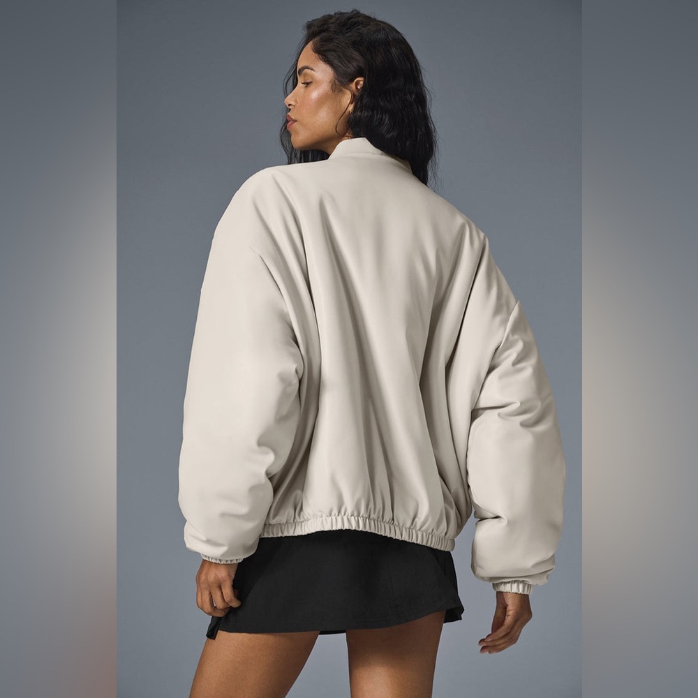 ALO Yoga Faux Leather Off-White Premier Bomber Jacket S *LNWOT* - Picture 4 of 11